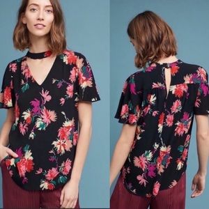 Anthropologie Maeve Bella Floral Print Black Top